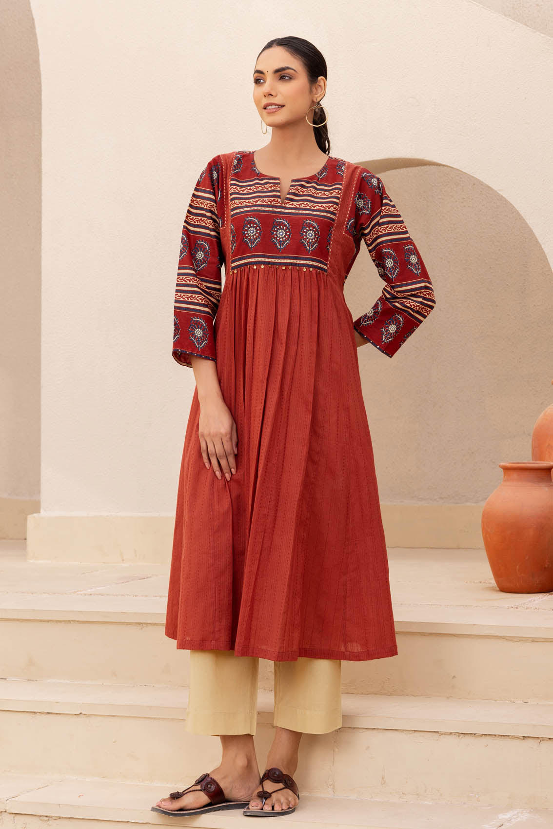 Rust Colour Ikat Long Kurta