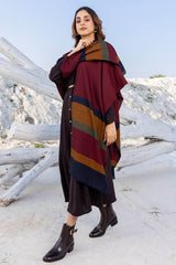 Maroon with Mustard Bands Wool Ruana
