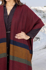 Maroon with Mustard Bands Wool Ruana