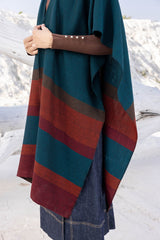 Blue Green with Orange Bands Wool Ruana