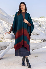 Blue Green with Orange Bands Wool Ruana