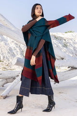 Blue Green with Orange Bands Wool Ruana