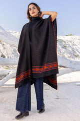 Black with Geometric Border Wool Ruana