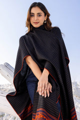 Black with Geometric Border Wool Ruana