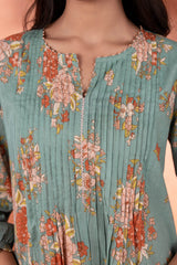Pleated Floral Teal Green Kurta