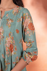 Pleated Floral Teal Green Kurta