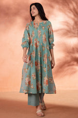 Pleated Floral Teal Green Kurta