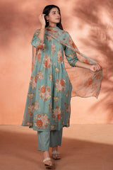 Pleated Floral Teal Green Kurta