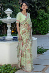 Floral Green Printed Sari