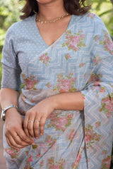 Light Blue Printed Chiffon Saree