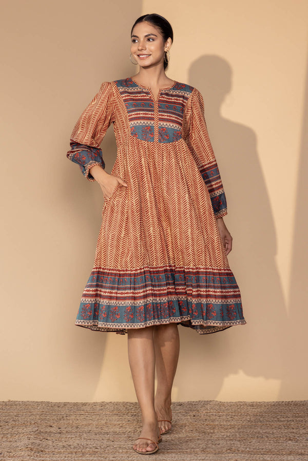 Pink Bagru Print Long Cotton Dress| Cotton Dresses| Jhakhas