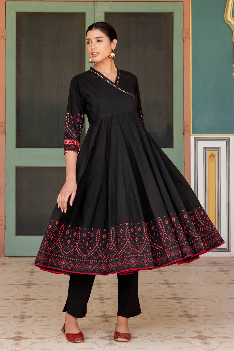 Black Red Bandhani Angarkha Cottons Jaipur