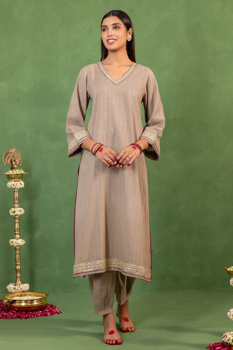 Grey V-Neck Kurta