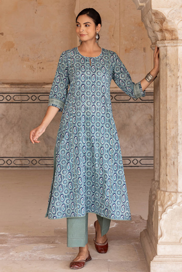 Green Paisley Block Print Kurta