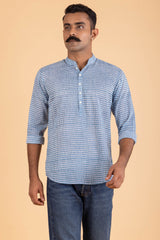 Blockprinted Checks Mandarin Collar Shirt Kurta