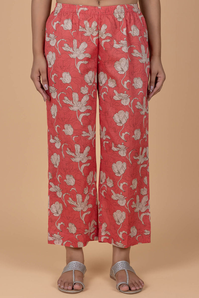 Coral Red Printed Trousers