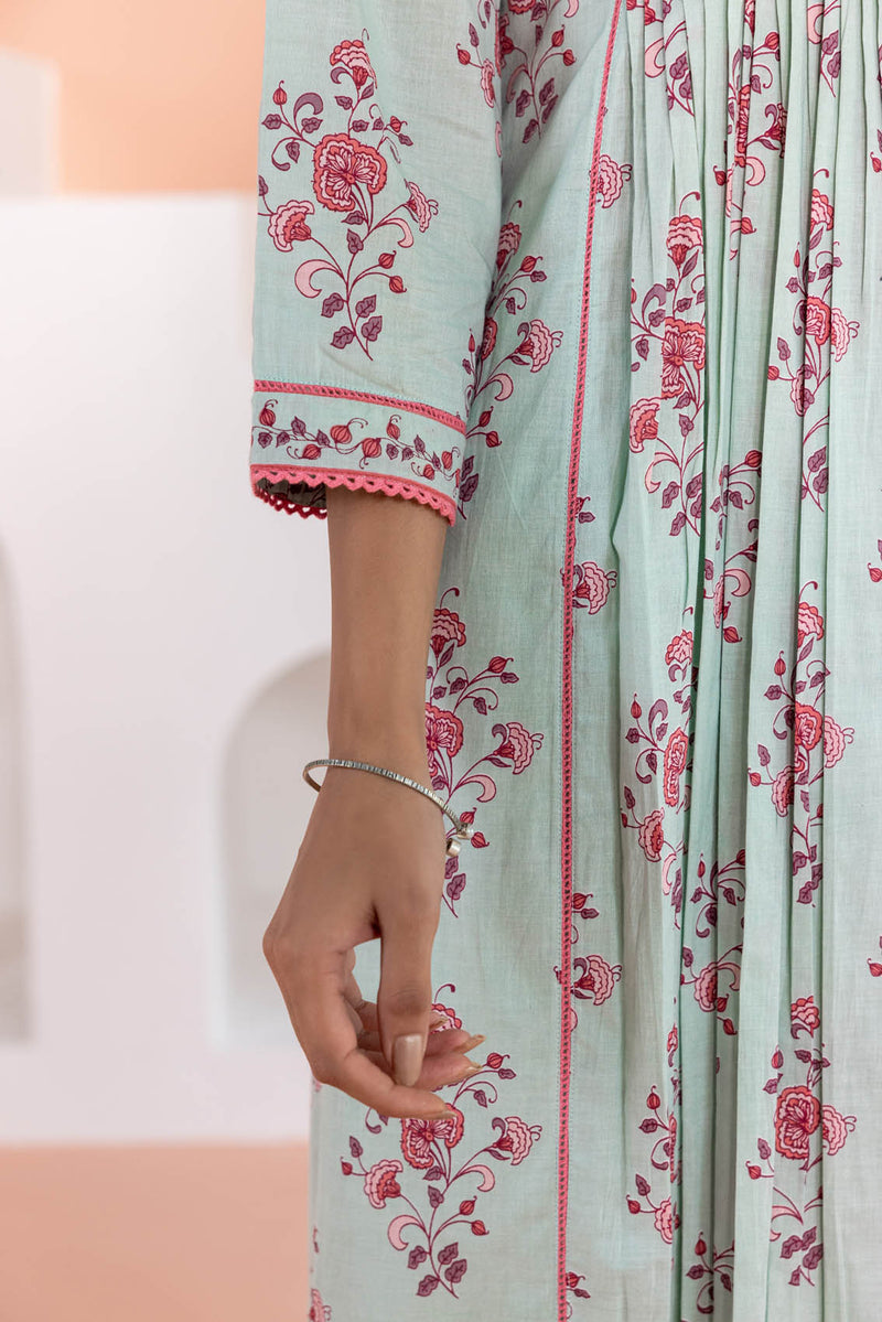 Minty Floral Pleated Kurta