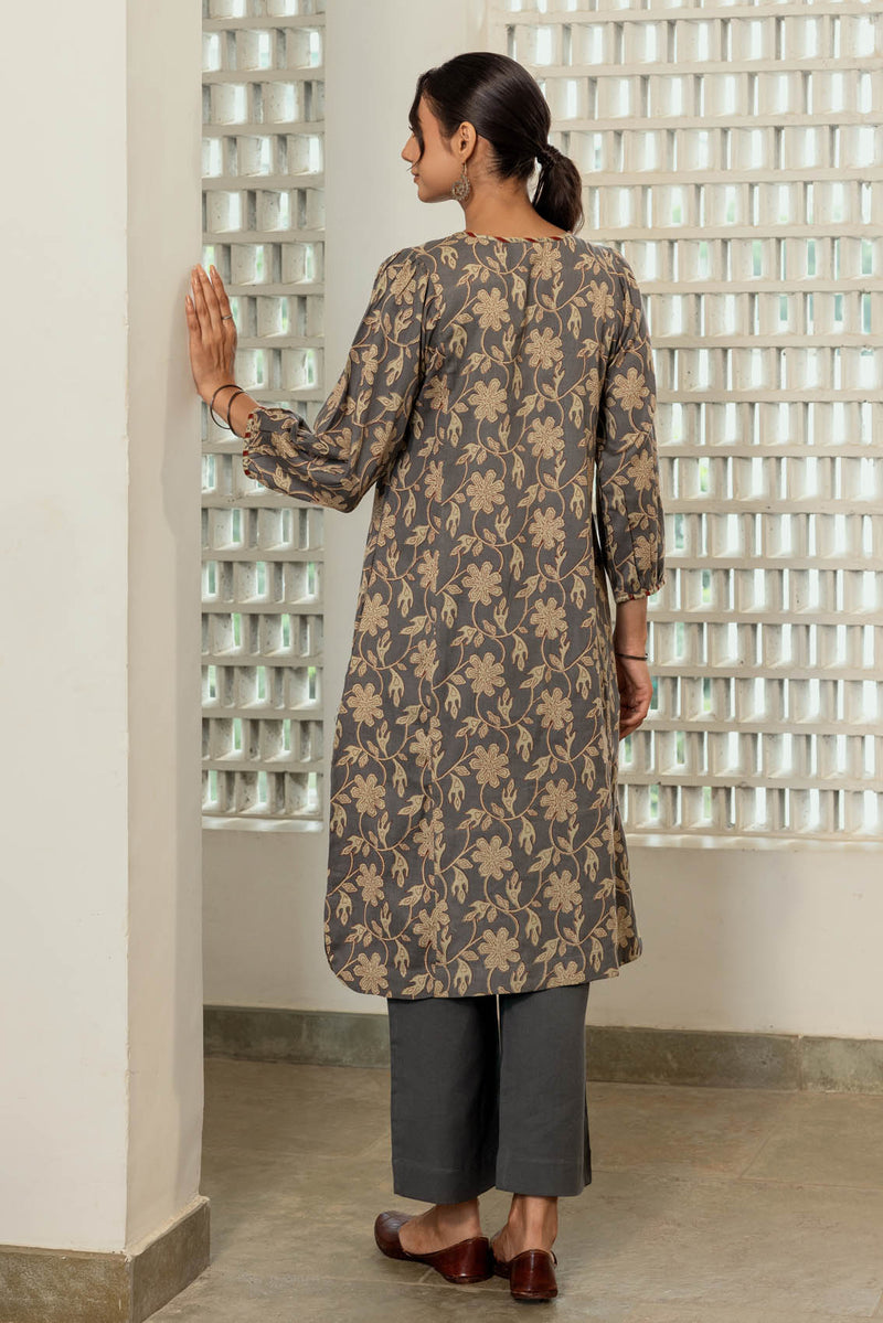 Grey Floral Fine Twill Kurta