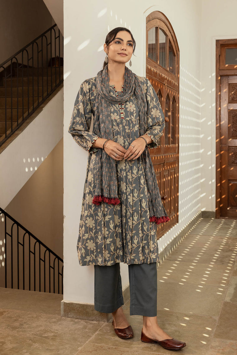 Grey Floral Fine Twill Kurta