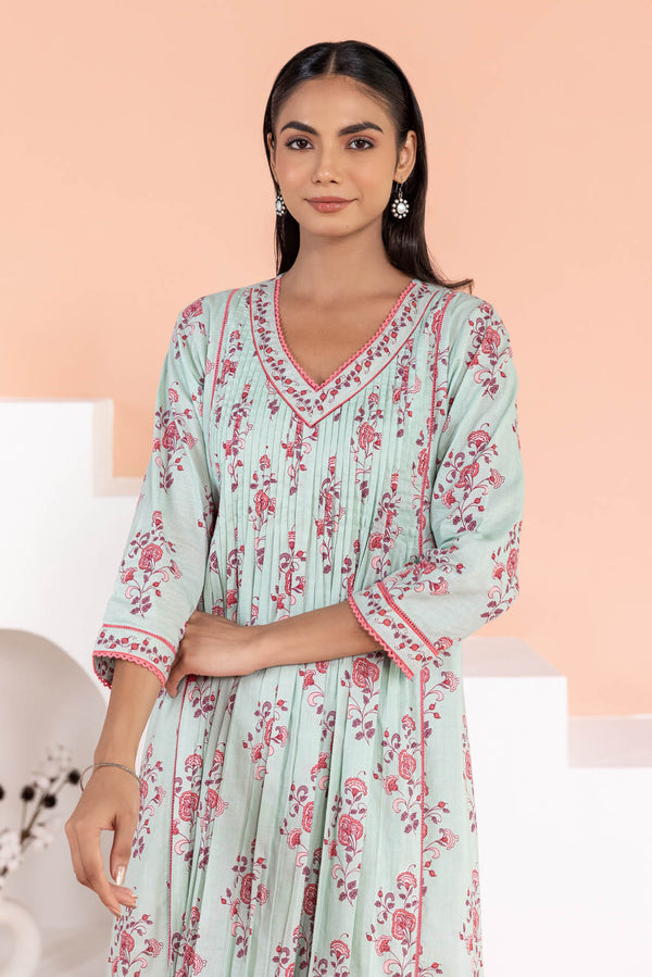 Minty Floral Pleated Kurta