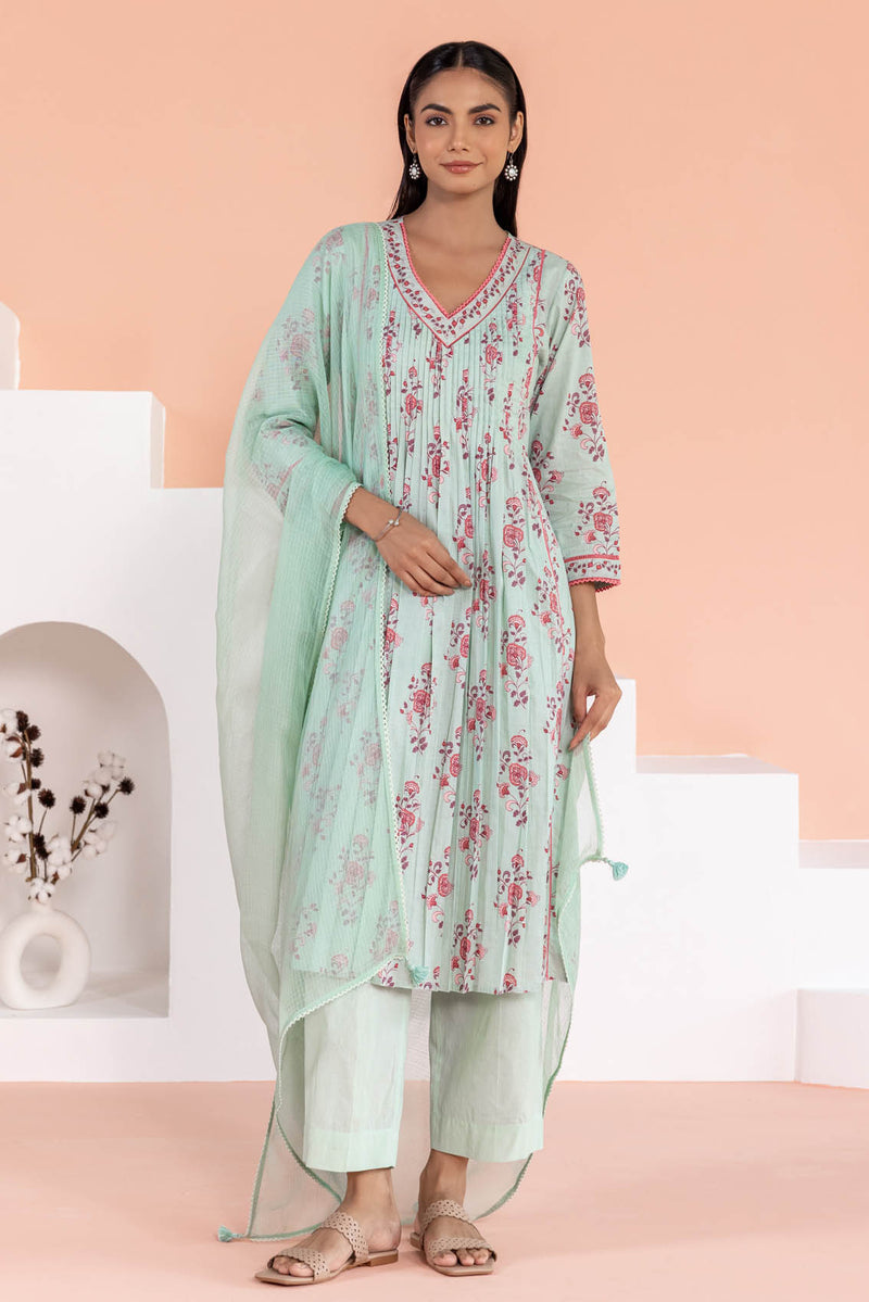 Minty Floral Pleated Kurta