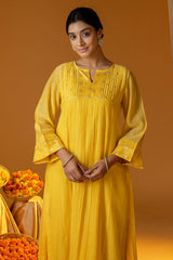 Yellow And Gold Pleated Chanderi Kurta