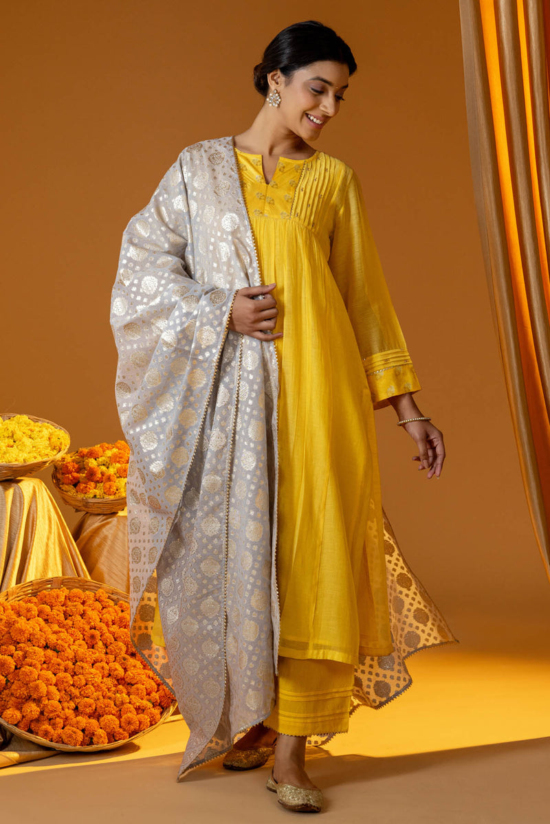 Yellow And Gold Pleated Chanderi Kurta
