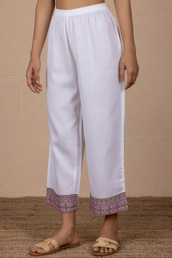 White And Dusty Rose Border Trousers