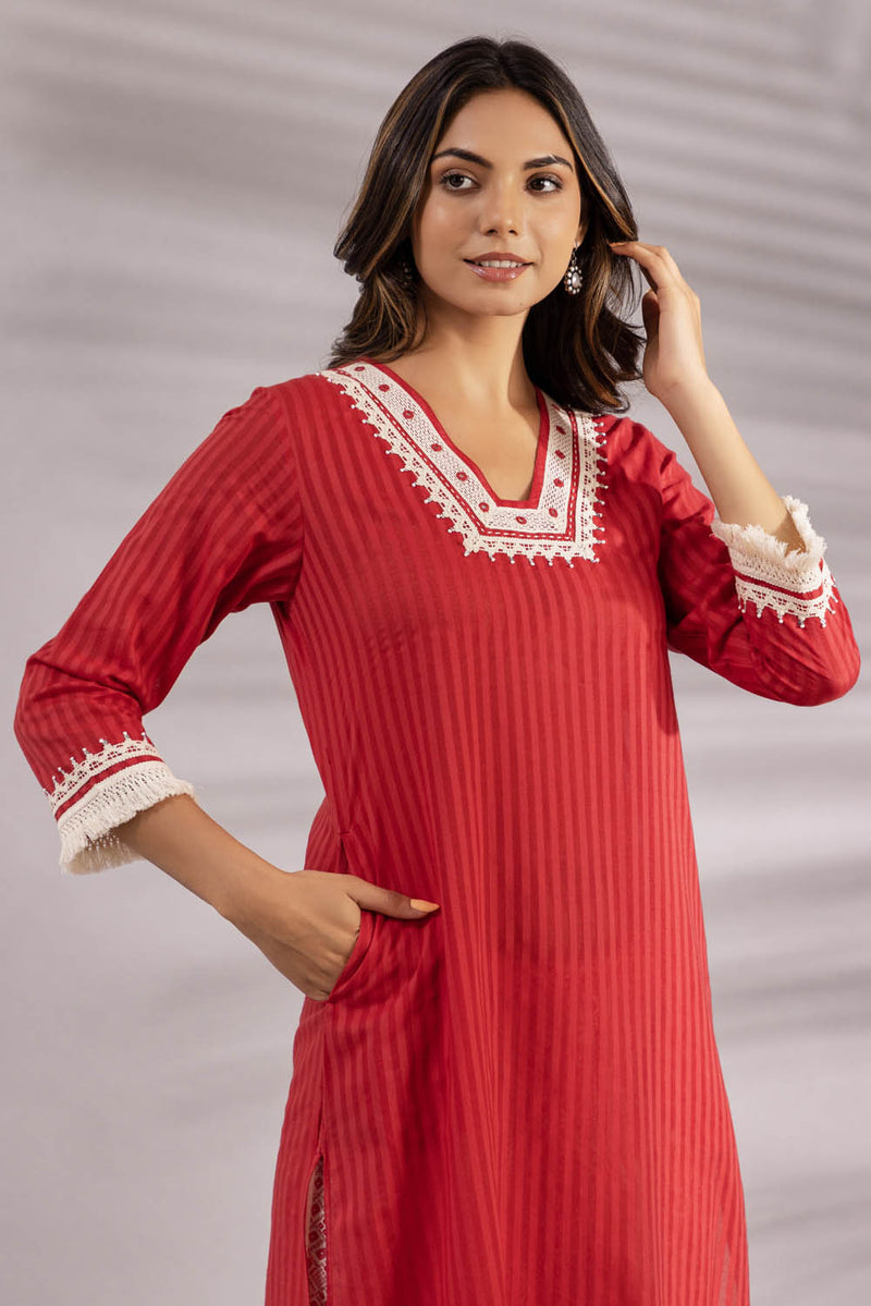 Chilli Red Lace Kurta