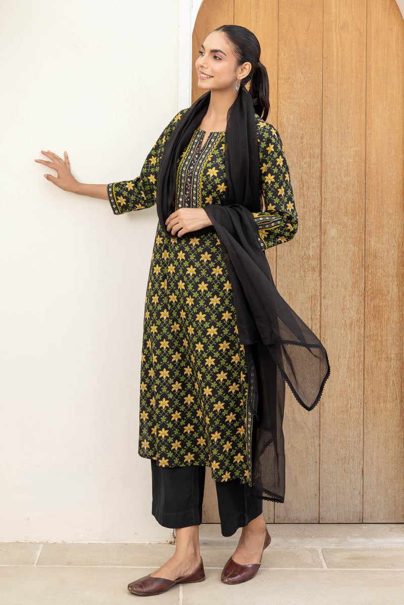 Black Grid Border Kurta