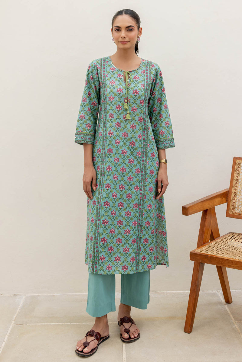 Turquoise Grid Kurta