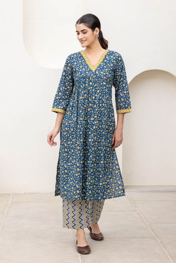 Dark Blue Floral Kurta