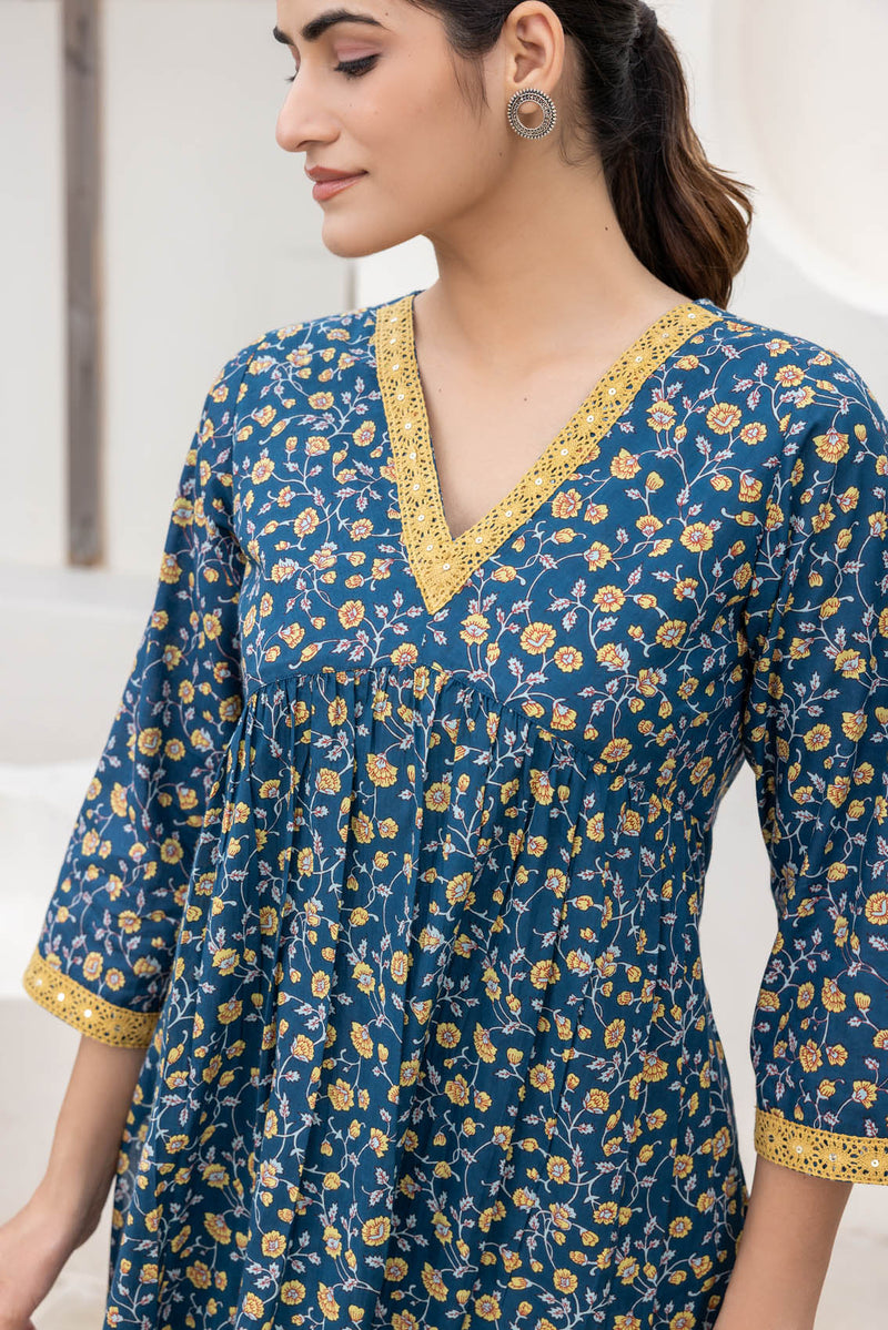 Dark Blue Floral Kurta