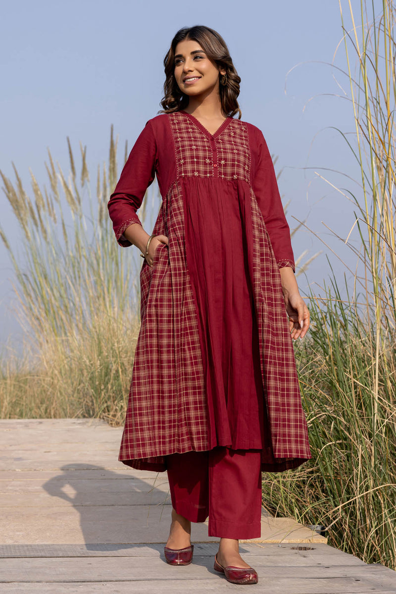 Red Gathered Kurta