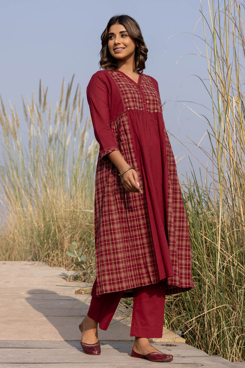 Red Gathered Kurta