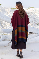 Maroon with Mustard Bands Wool Ruana