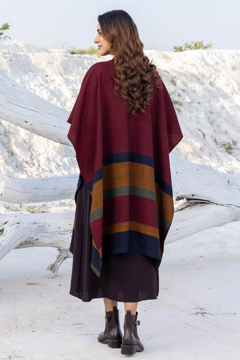 Maroon with Mustard Bands Wool Ruana