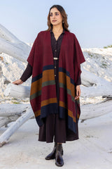 Maroon with Mustard Bands Wool Ruana