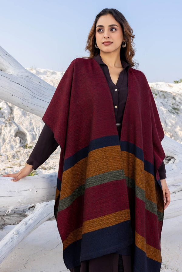 Maroon with Mustard Bands Wool Ruana