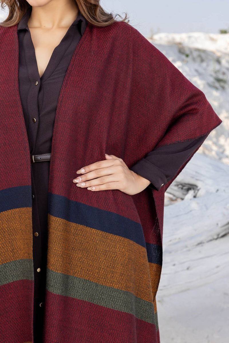 Maroon with Mustard Bands Wool Ruana