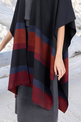 Black with Grey & Orange Bands Wool Ruana