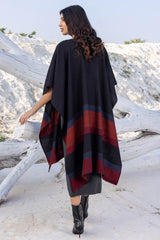 Black with Grey & Orange Bands Wool Ruana