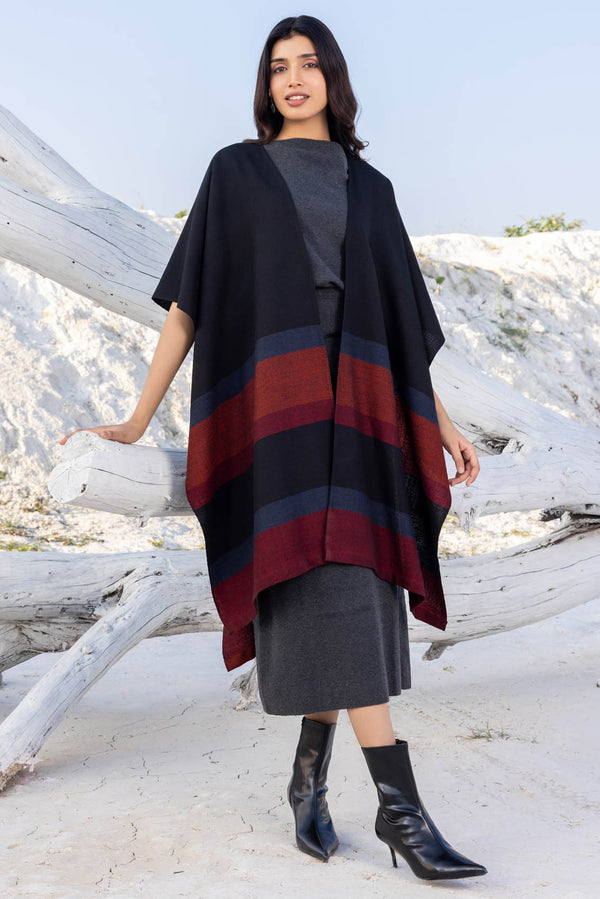 Black with Grey & Orange Bands Wool Ruana