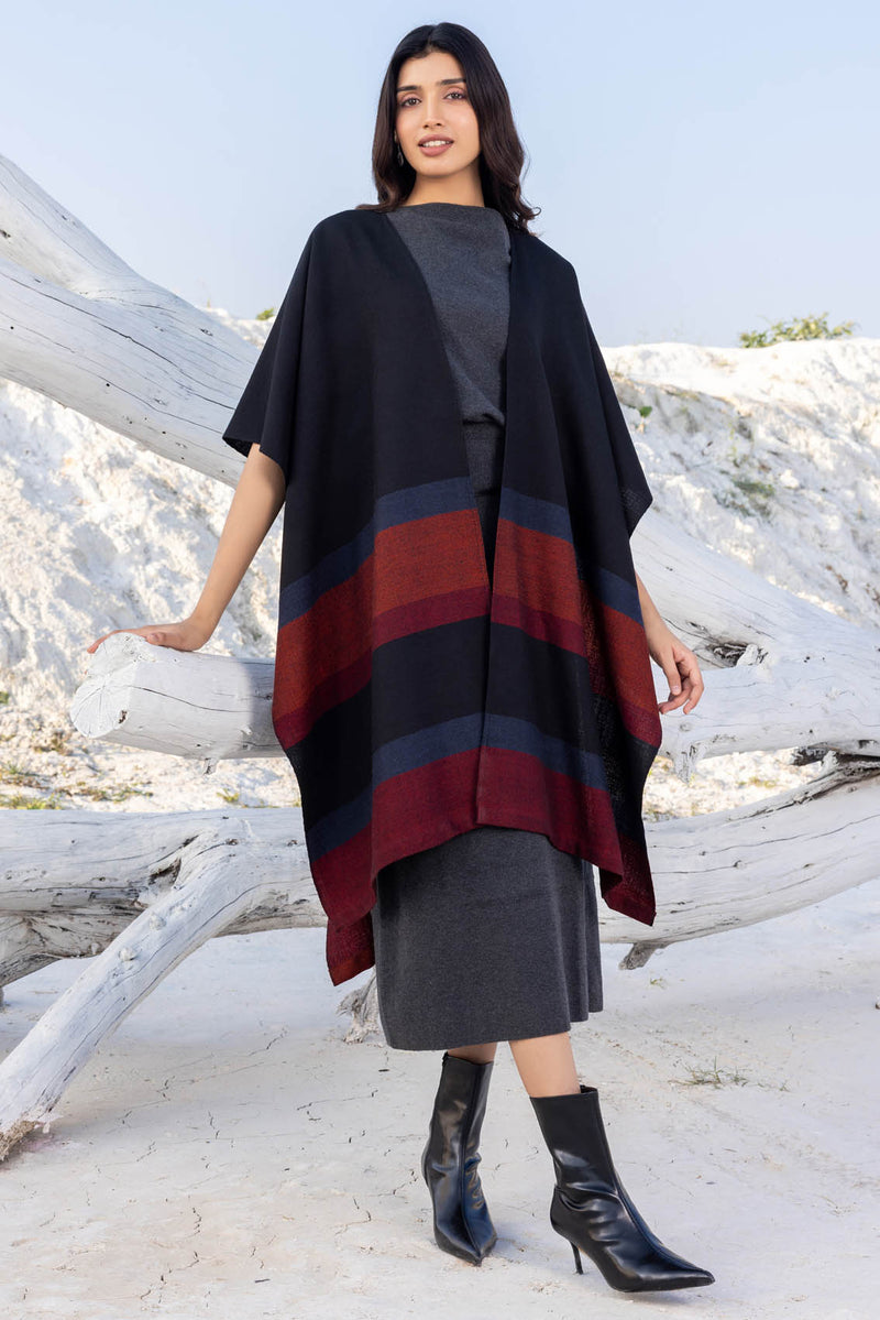 Black with Grey & Orange Bands Wool Ruana