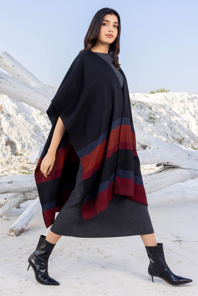 Black with Grey & Orange Bands Wool Ruana
