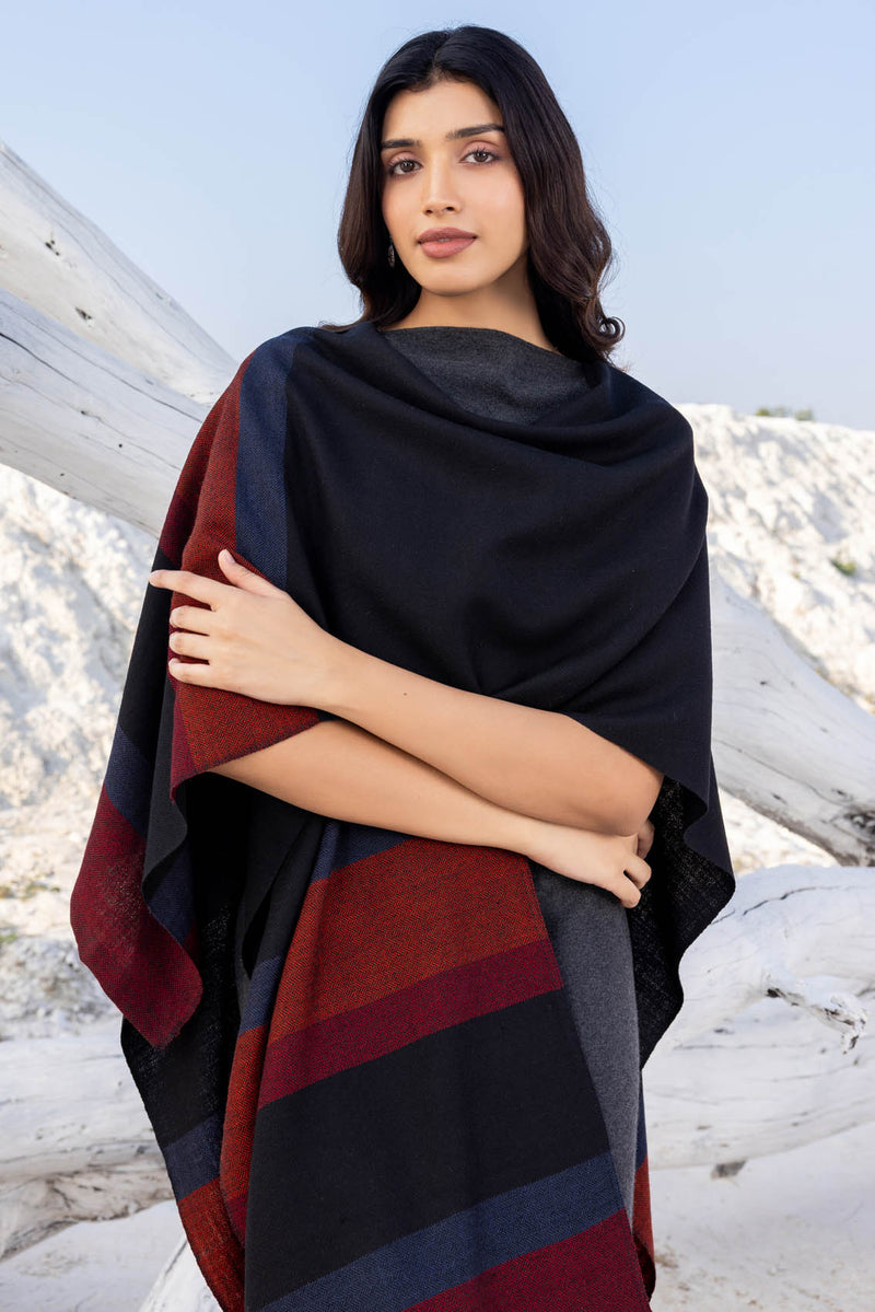Black with Grey & Orange Bands Wool Ruana