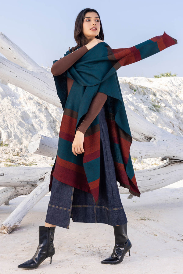 Blue Green with Orange Bands Wool Ruana