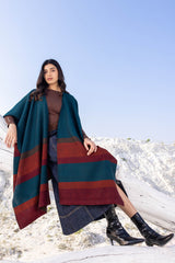 Blue Green with Orange Bands Wool Ruana