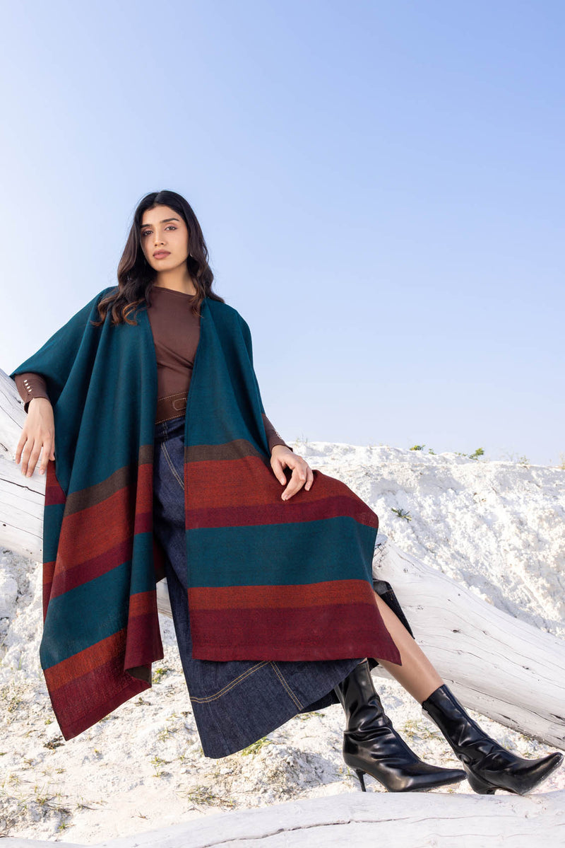 Blue Green with Orange Bands Wool Ruana