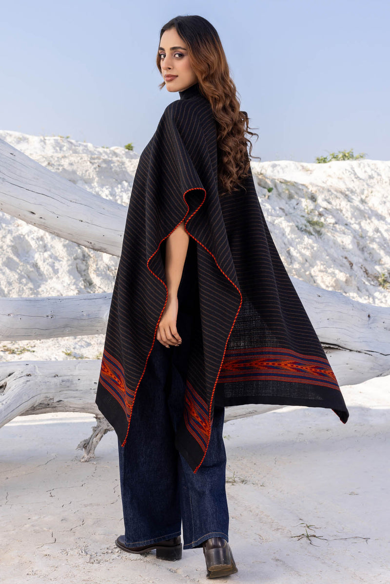 Black with Geometric Border Wool Ruana